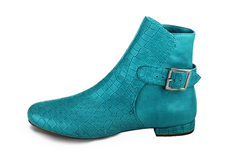 Sophisticated leather ankle boots detailed with an elegant back buckle and heel-strap finish for a distinct couture look, in turquoise blue leather with round toe and low block heel - Florence KOOIJMAN